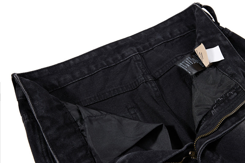 Yiaknis Black Washed Flared Jeans with Button Side Straps, Black