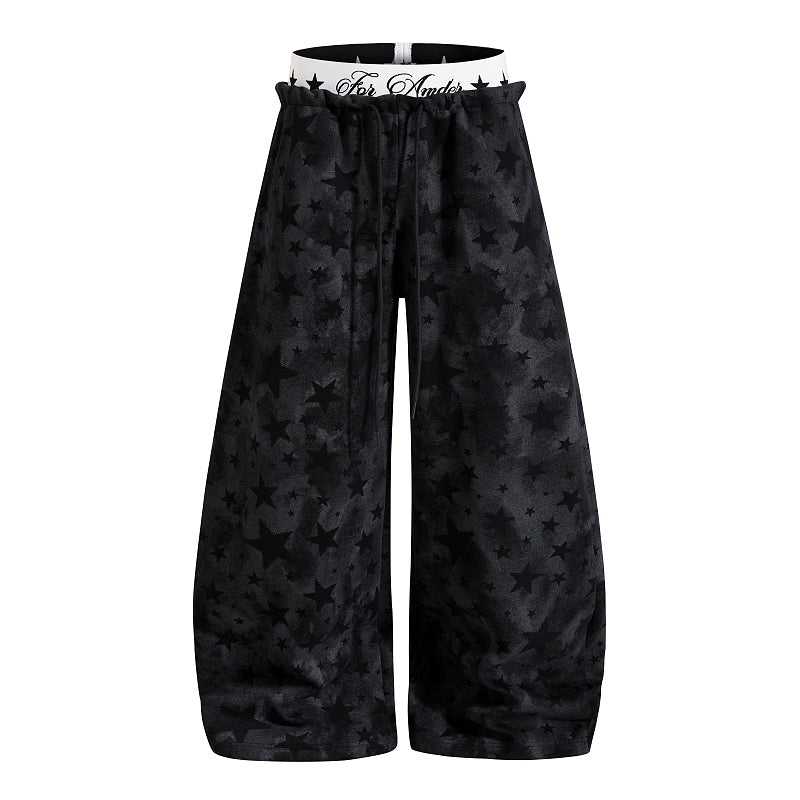Yiaknis Wide-Leg Star Print Sweatpants, Script Print, Blue and Black