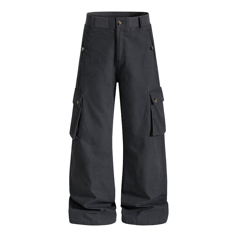 Yiaknis Khaki and Dark Grey Wide-Leg Cargo Trousers with Elastic Back Waist – photo 8