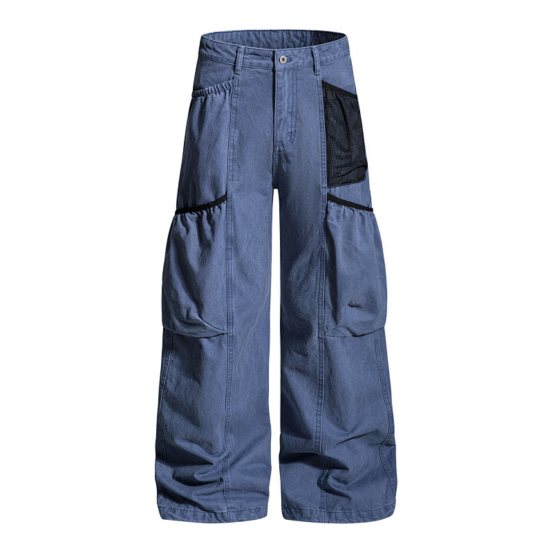 Yiaknis Wide-Leg Cargo Trousers with Mesh Pocket, Dark Grey and Blue – photo 8