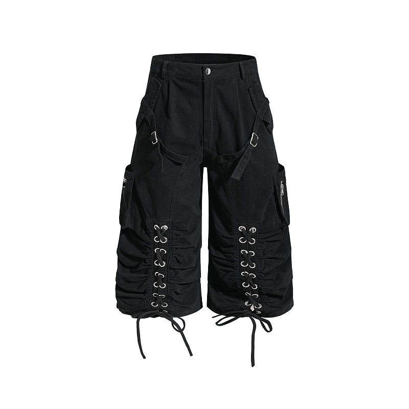 Yiaknis Wide-Leg Cropped Cargo Trousers, Lace-Up Legs, Off White and Black – photo 8