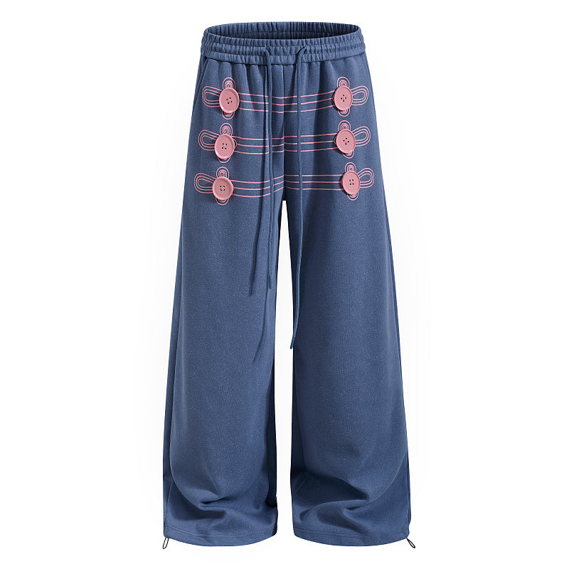 Yiaknis Wide-Leg Sweatpants with Button and Line Print, Pink and Blue