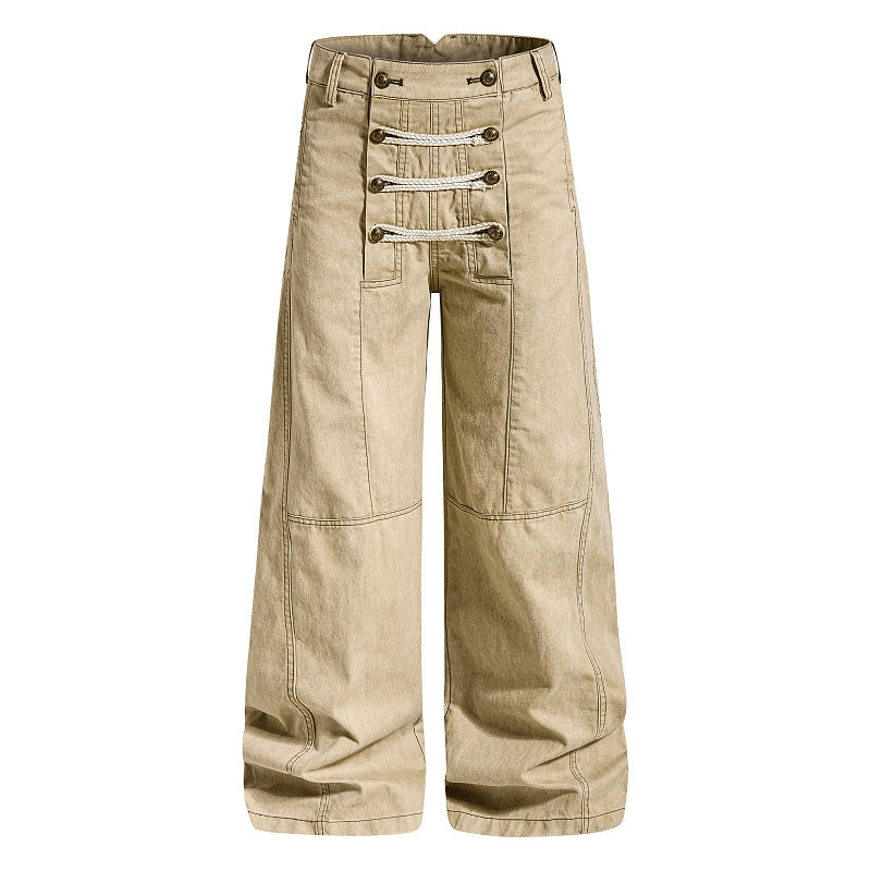 Yiaknis Wide-Leg Trousers with Rope Front Lacing, Black and Beige – photo 8