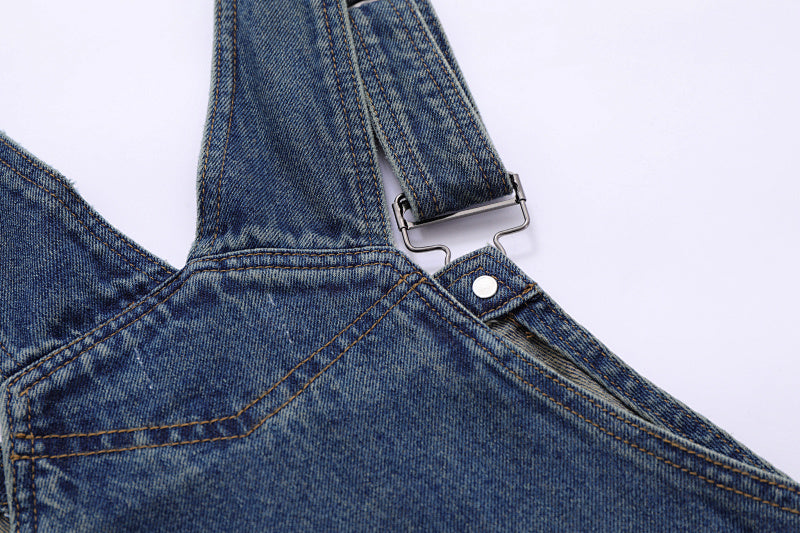 Yiaknis Wide-Leg Washed Denim Overalls, Front and Back Pockets, Blue – photo 8