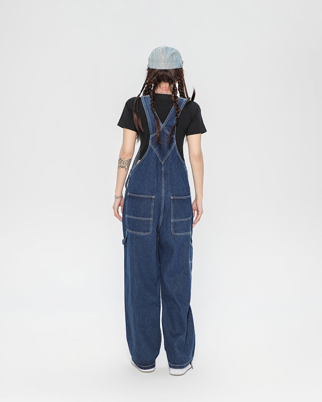 Yiaknis Wide-Leg Denim Overalls, Adjustable Straps, Blue and Black