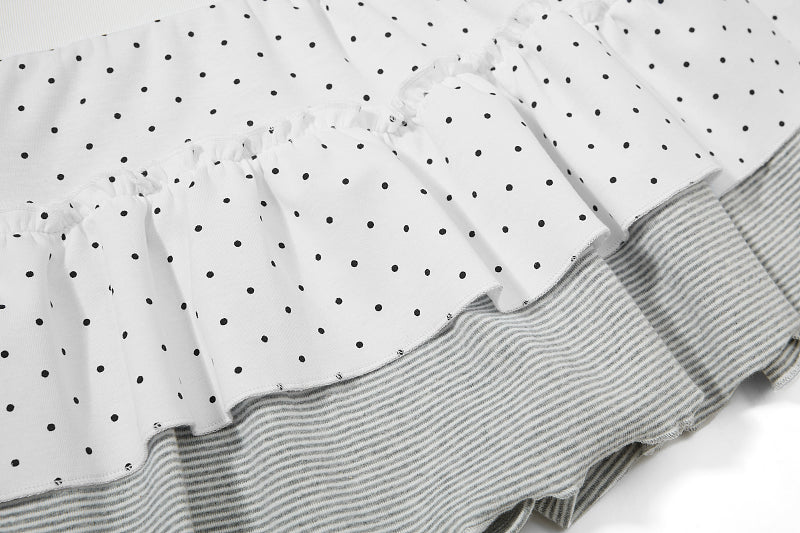 Yiaknis Polka Dot Mini Skirt, Grey Striped Underskirt, White and Grey