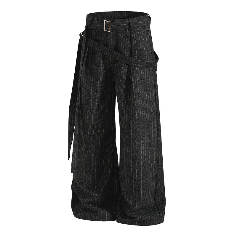 Yiaknis Black and Light Grey Pinstripe Wide-Leg Trousers, Belt Strap