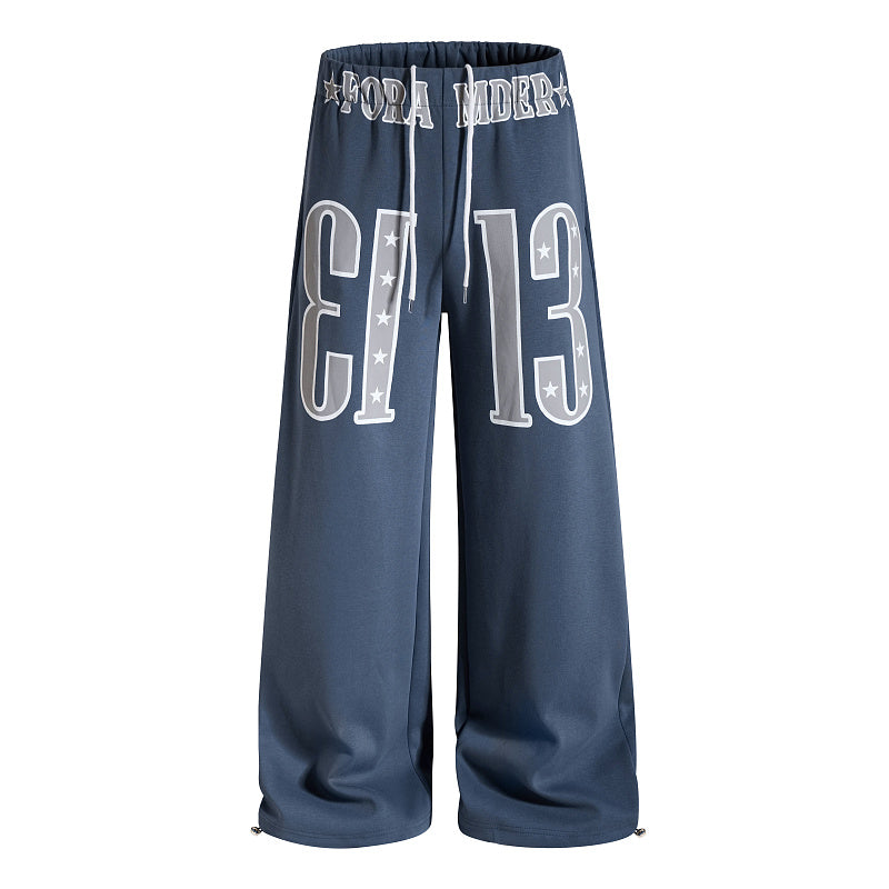 Yiaknis Wide-Leg Sweatpants with Large 13 Print, Light Grey and Blue
