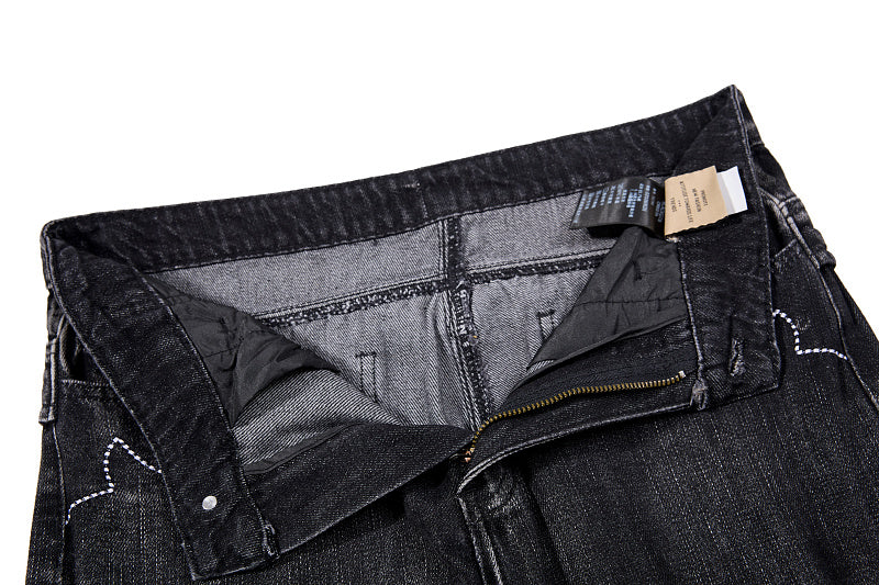 Yiaknis Black Flared Jeans with Gold Leg Embroidery