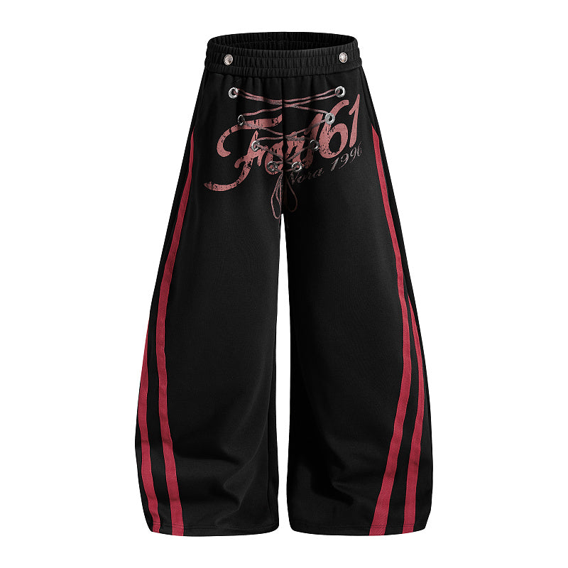 Yiaknis Wide-Leg Sweatpants, Red Side Stripes, Light Grey and Black