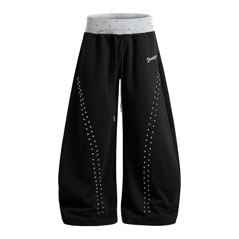 Yiaknis Wide-Leg Sweatpants, Studded Side Lines, Light Grey and Black