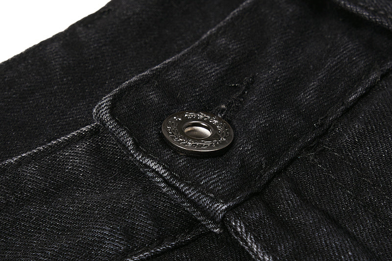 Yiaknis Black Washed Flared Jeans with Leopard Pattern, Black