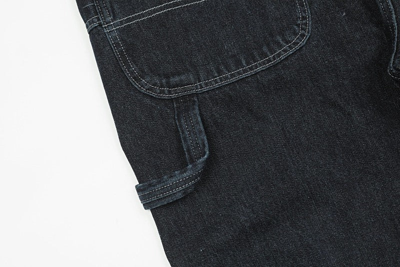 Yiaknis Dark Denim Overalls with Red Plaid Pockets and Cuffs