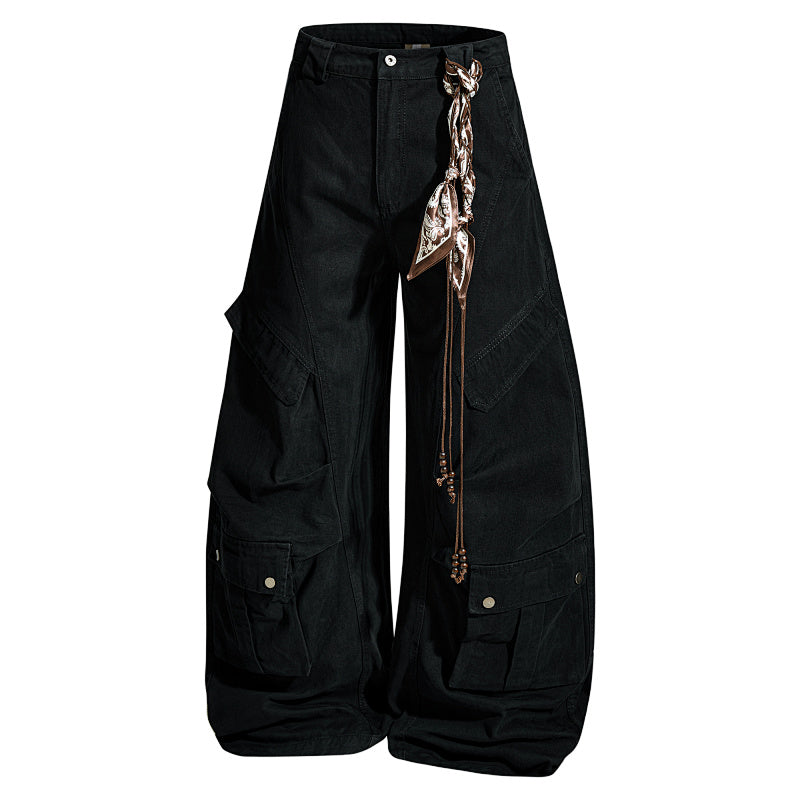 Yiaknis Wide-Leg Cargo Trousers, Snap Pockets, Dark Green and Black – photo 9