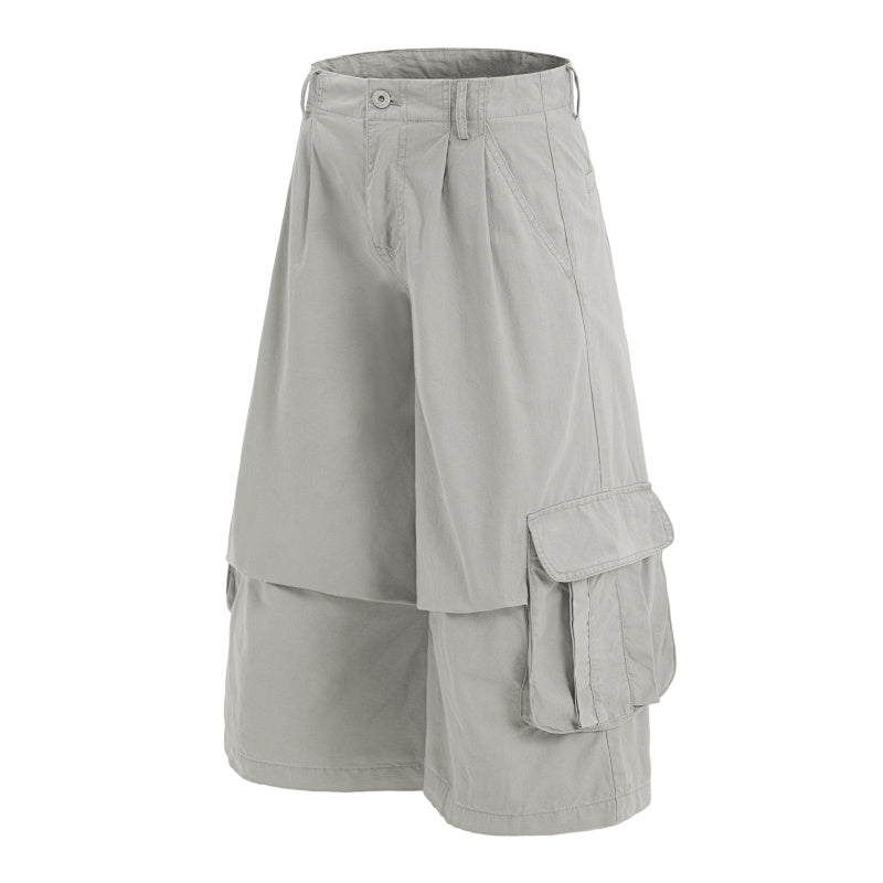 Yiaknis A-Line Cropped Trousers, Cargo Pockets, Grey and Light Grey