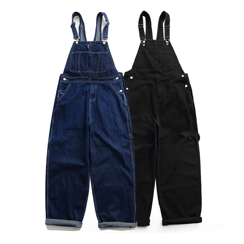 Yiaknis Wide-Leg Denim Overalls, Adjustable Straps, Blue and Black
