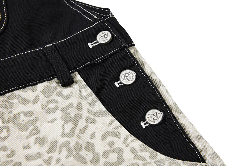 Yiaknis Leopard Print Overalls with Black Bib and Adjustable Straps