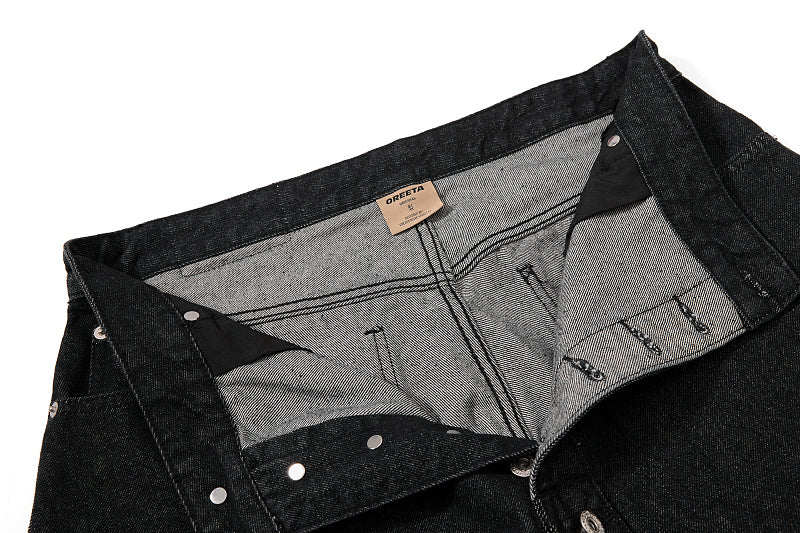 Yiaknis Wide-Leg Cropped Denim Trousers, Button Placket, Black – photo 9