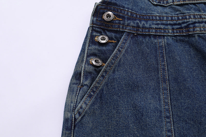 Yiaknis Wide-Leg Washed Denim Overalls, Front and Back Pockets, Blue – photo 9