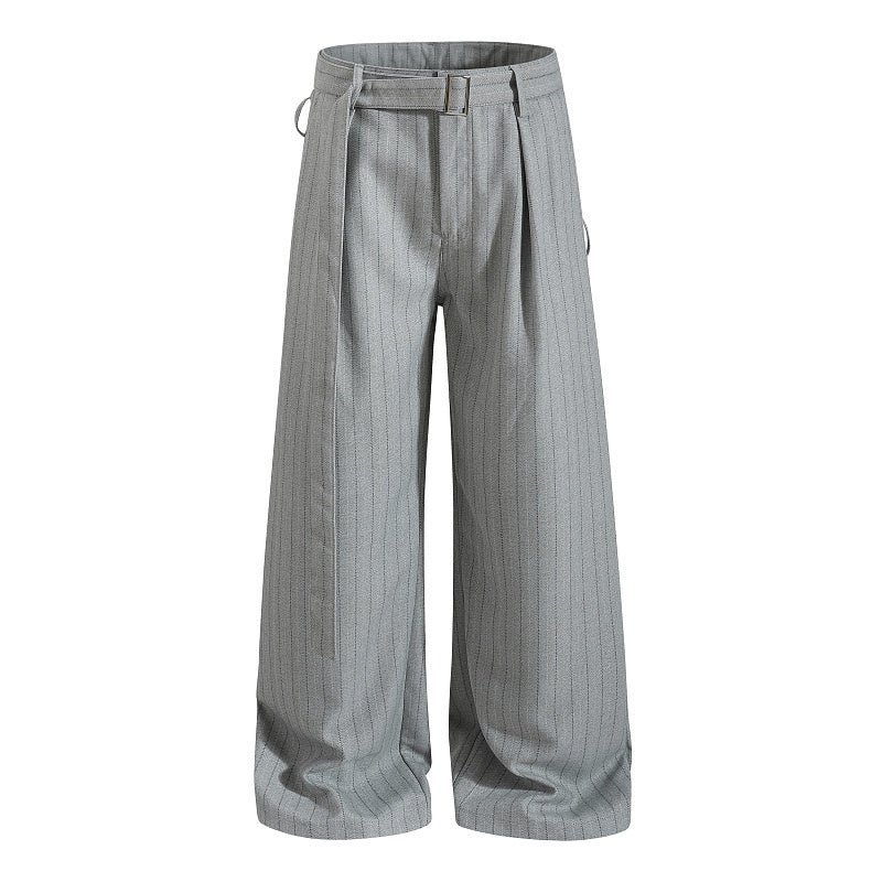 Yiaknis Black and Light Grey Pinstripe Wide-Leg Trousers, Belt Strap