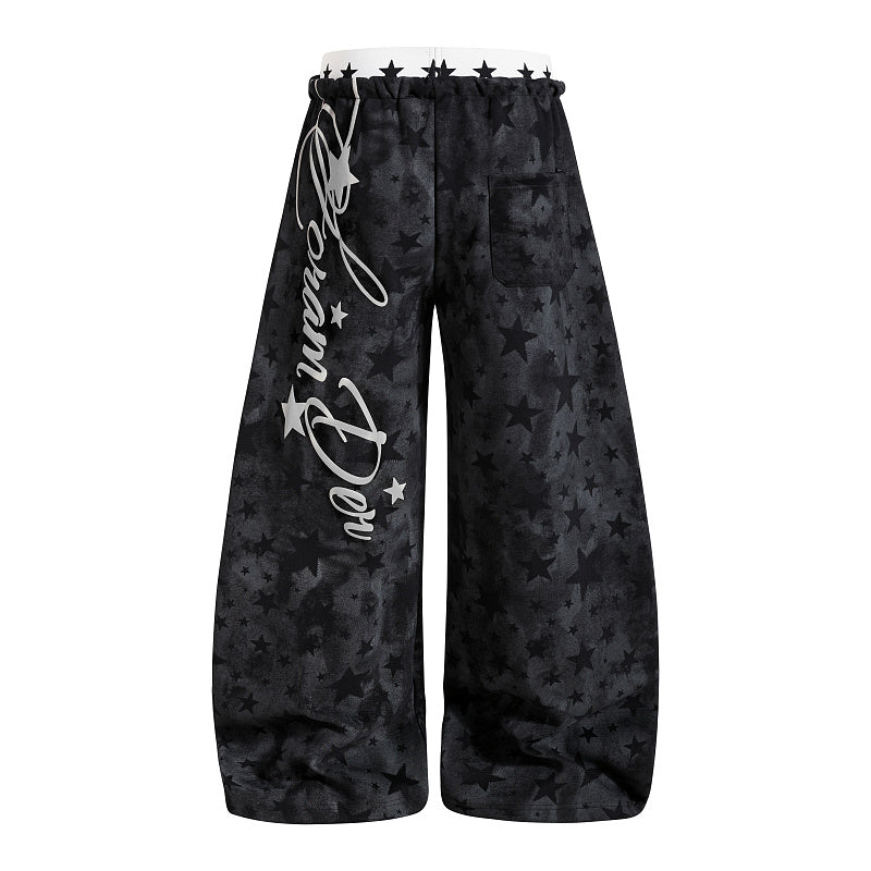 Yiaknis Wide-Leg Star Print Sweatpants, Script Print, Blue and Black