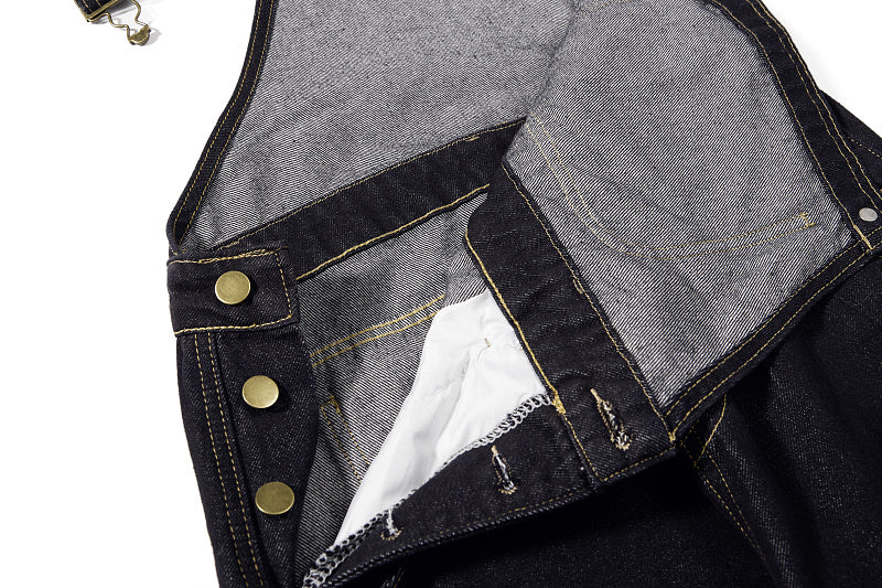 Yiaknis Denim Overalls with Leopard Print Pocket Trim - Dark Denim