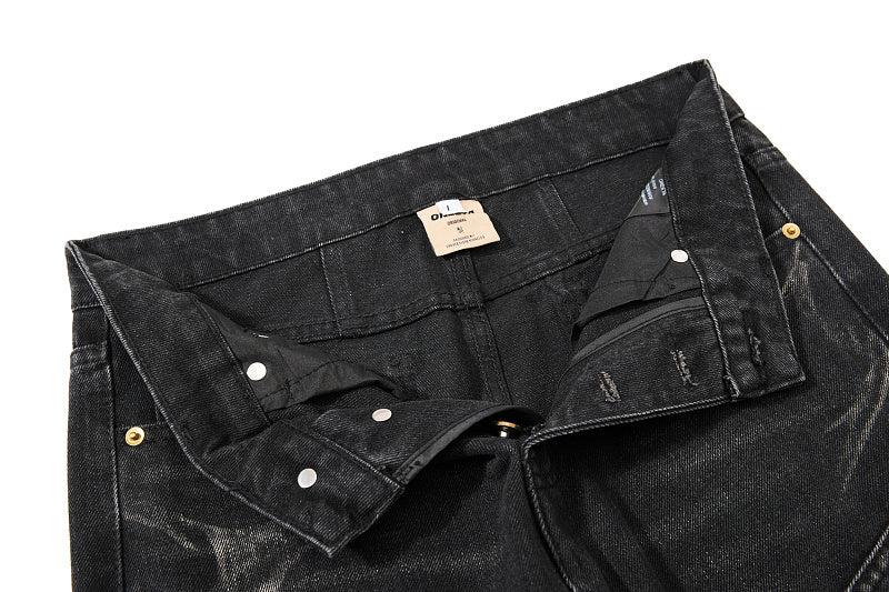 Yiaknis Black Washed Flared Jeans with Lace-Up Legs