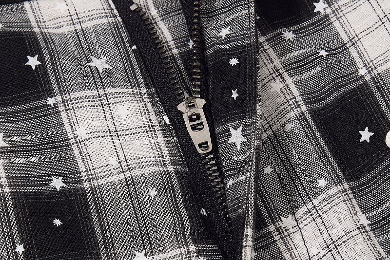 Yiaknis Black and White Plaid Wide-Leg Cropped Trousers, Star Print