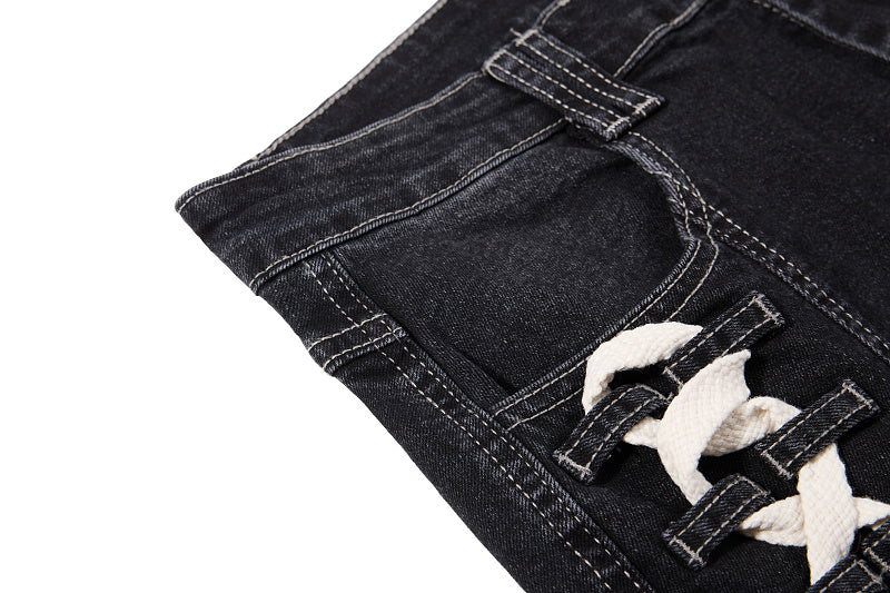 Yiaknis Black Washed Curved-Leg Jeans with Lace-Up Sides, Black