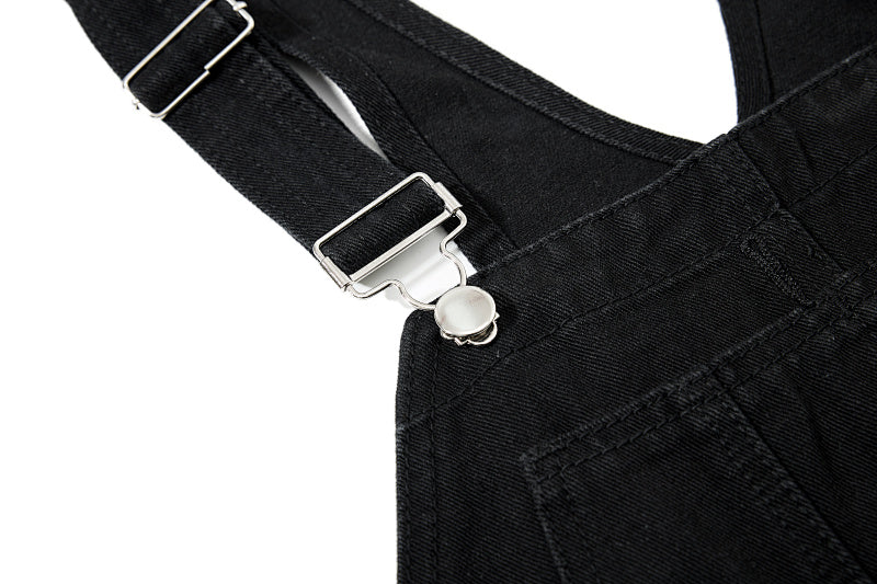 Yiaknis Wide-Leg Denim Overalls, Bib and Cargo Pockets, Dark Blue and Black – photo 9