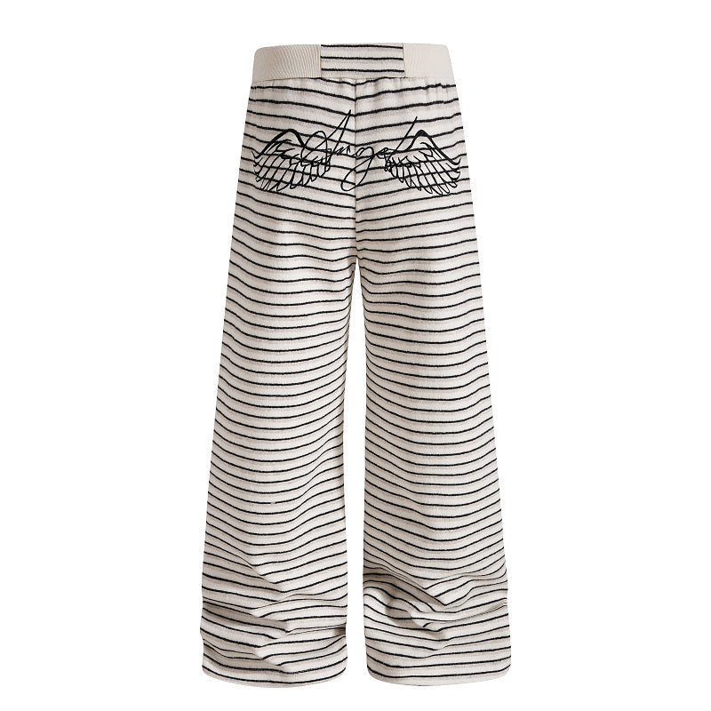 Yiaknis Wide-Leg Striped Sweatpants, Wing Print, Blue and Beige Stripes