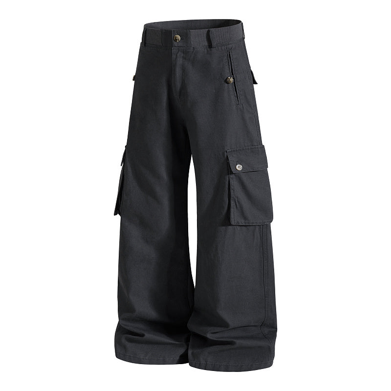 Yiaknis Khaki and Dark Grey Wide-Leg Cargo Trousers with Elastic Back Waist – photo 10