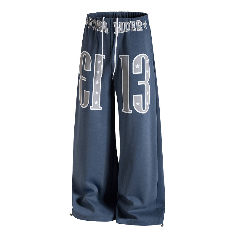 Yiaknis Wide-Leg Sweatpants with Large 13 Print, Light Grey and Blue