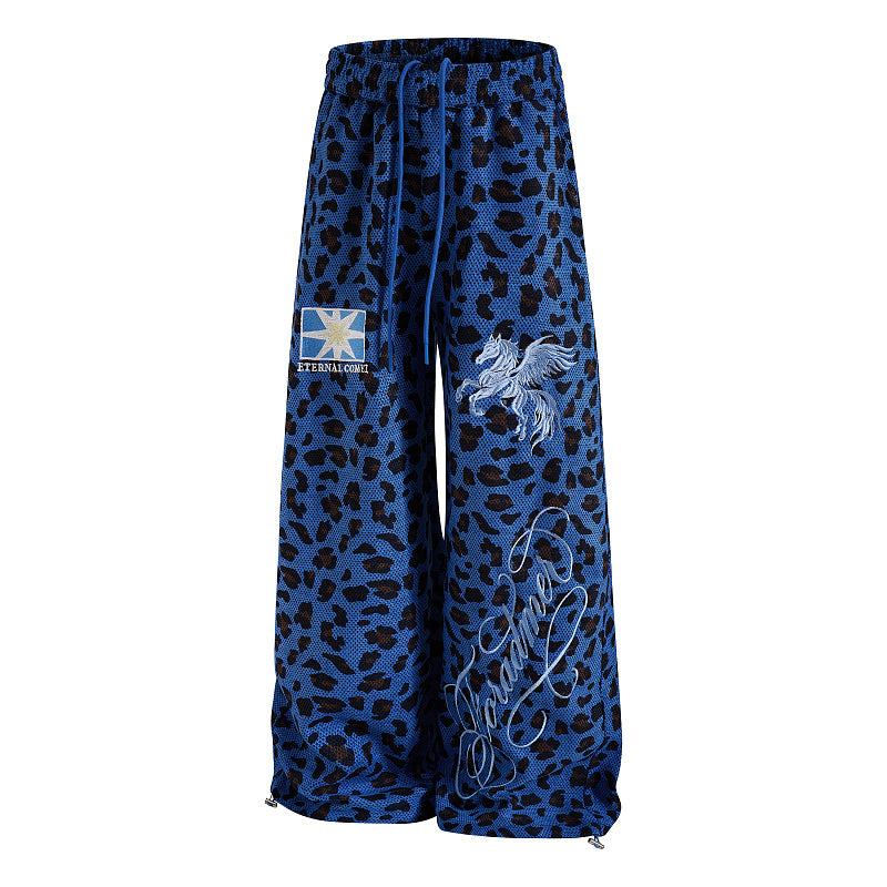 Yiaknis Leopard Print Sweatpants, Embroidered Patch, Grey and Blue