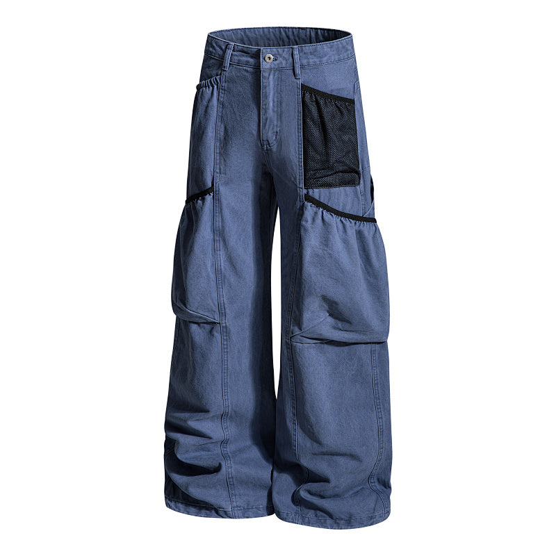Yiaknis Wide-Leg Cargo Trousers with Mesh Pocket, Dark Grey and Blue – photo 10