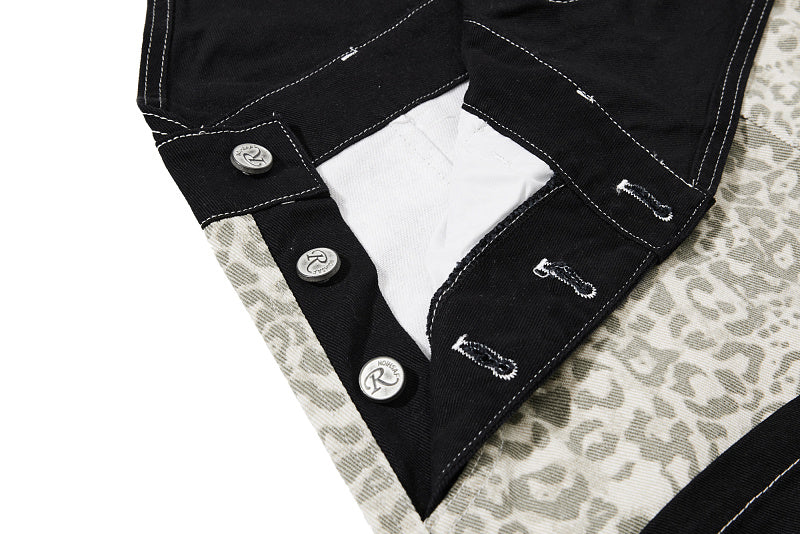 Yiaknis Leopard Print Overalls with Black Bib and Adjustable Straps