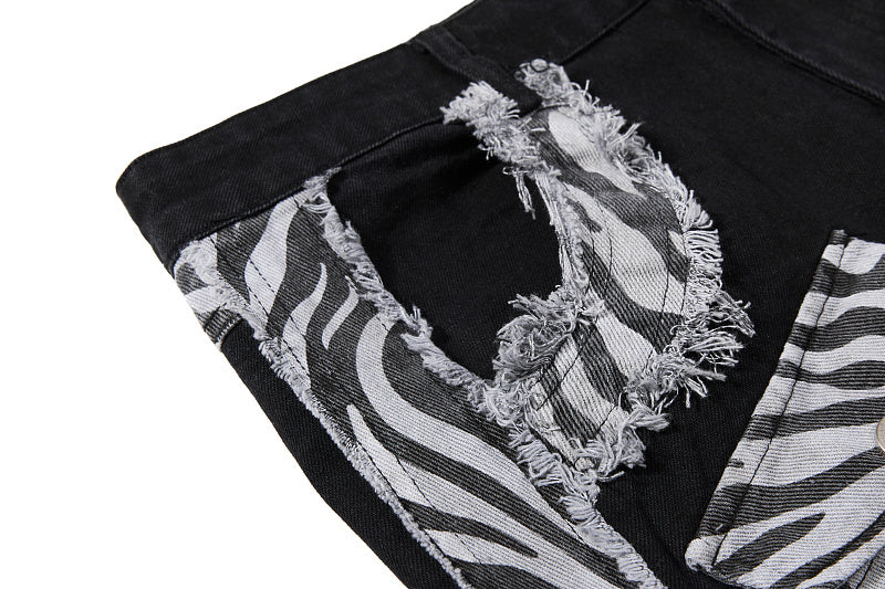 Yiaknis Black Flared Trousers with Zebra-Print Panels, Black