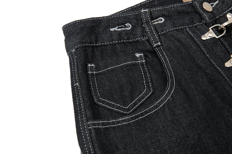 Yiaknis Black Denim Overalls with Toggle Fastening - Black Denim