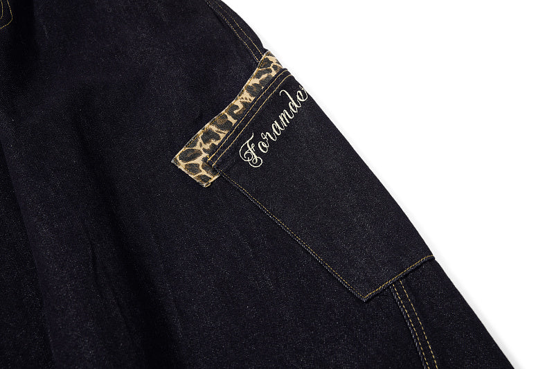 Yiaknis Denim Overalls with Leopard Print Pocket Trim - Dark Denim