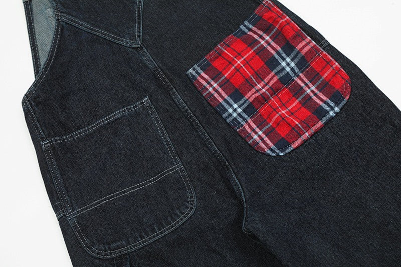 Yiaknis Dark Denim Overalls with Red Plaid Pockets and Cuffs