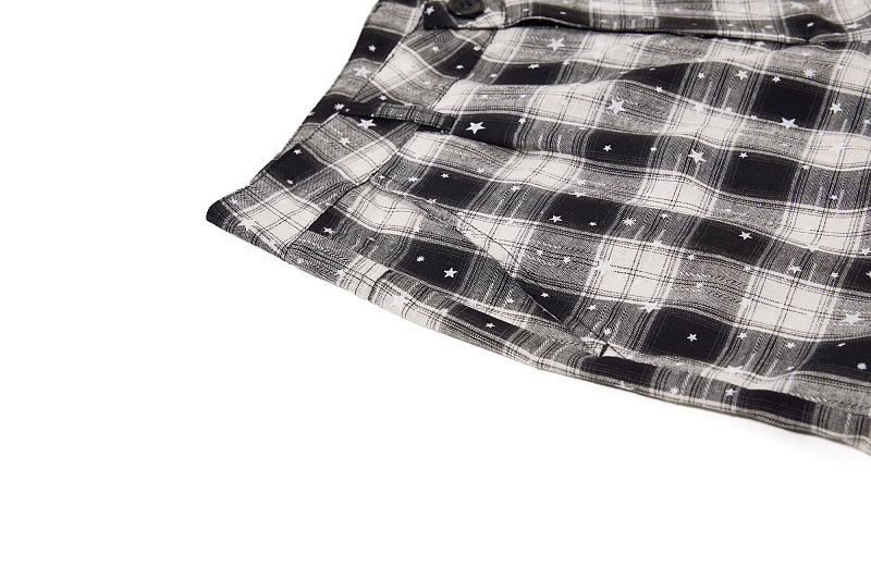 Yiaknis Black and White Plaid Wide-Leg Cropped Trousers, Star Print