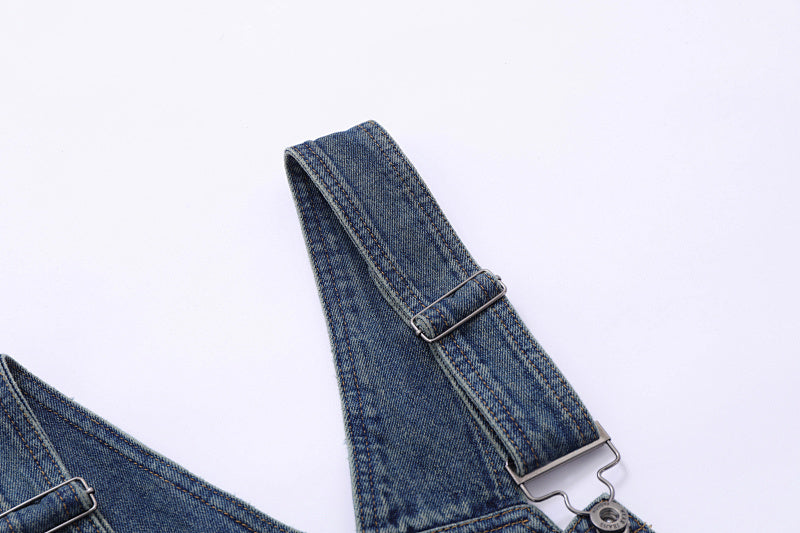 Yiaknis Wide-Leg Washed Denim Overalls, Front and Back Pockets, Blue – photo 10