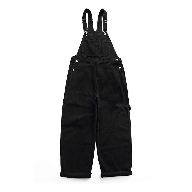 Yiaknis Wide-Leg Denim Overalls, Adjustable Straps, Blue and Black