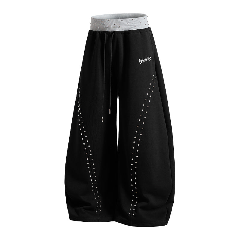 Yiaknis Wide-Leg Sweatpants, Studded Side Lines, Light Grey and Black