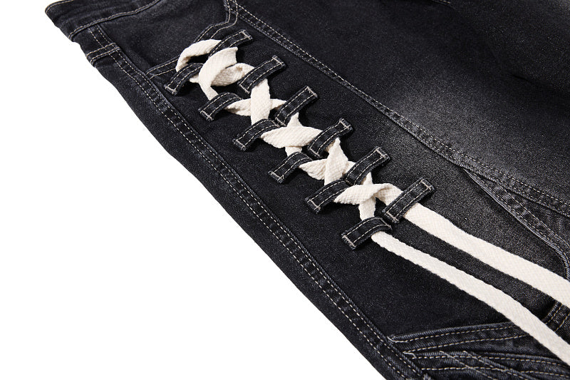 Yiaknis Black Washed Curved-Leg Jeans with Lace-Up Sides, Black