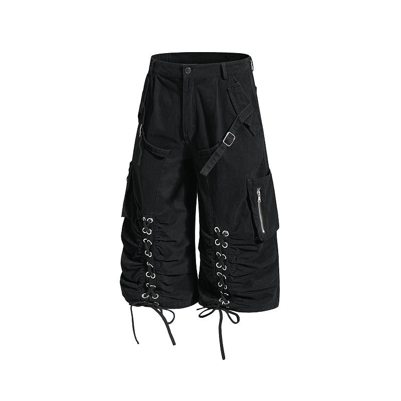Yiaknis Wide-Leg Cropped Cargo Trousers, Lace-Up Legs, Off White and Black – photo 10