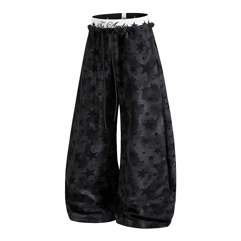 Yiaknis Wide-Leg Star Print Sweatpants, Script Print, Blue and Black