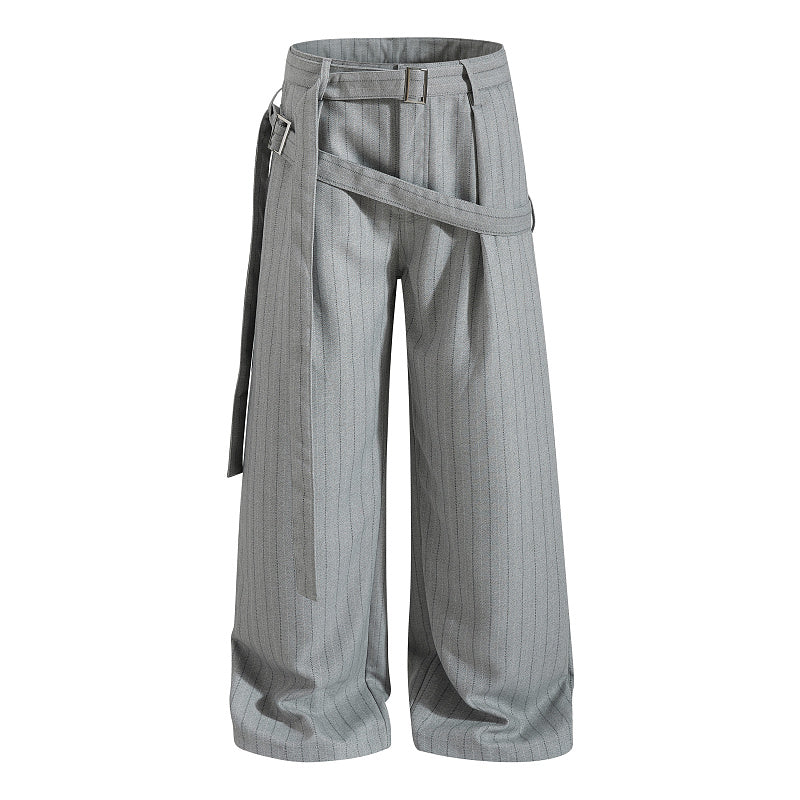 Yiaknis Black and Light Grey Pinstripe Wide-Leg Trousers, Belt Strap