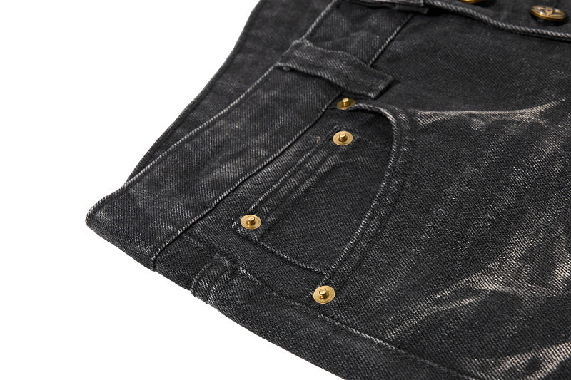 Yiaknis Black Washed Flared Jeans with Lace-Up Legs