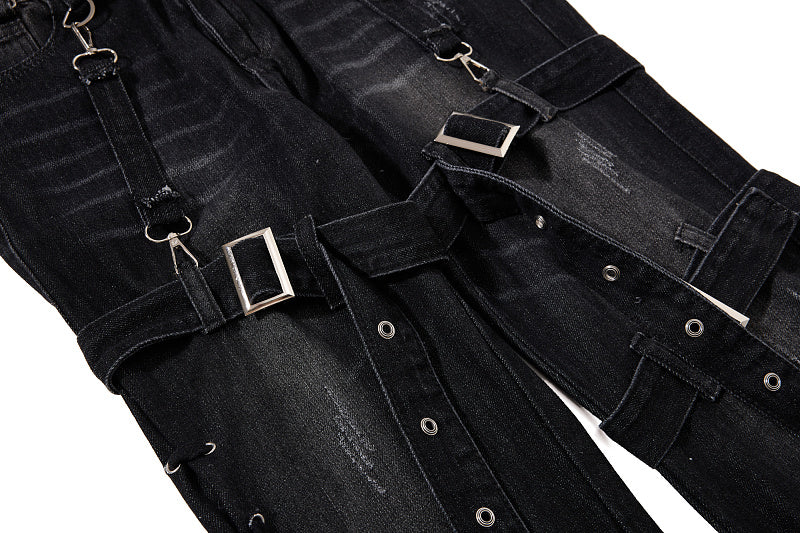 Yiaknis Black Washed Flared Jeans with Buckle Straps